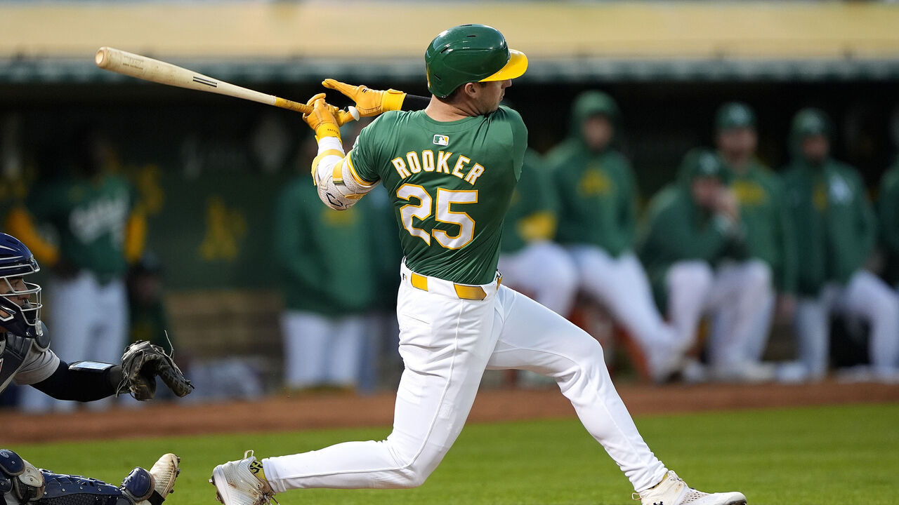 OAKLAND, CALIFORNIA - SEPTEMBER 21: Brent Rooker #25 of the Oakland Athletics bats against the New York Yankees in the bottom of the third inning at the Oakland Coliseum on September 21, 2024 in Oakland, California.