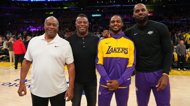 LOS ANGELES, CA - OCTOBER 22: Ken Griffey Sr., Ken Griffey Jr., Bronny James #9, and LeBron James #23 of the Los Angeles Lakers poses for a photo prior to the game against the Minnesota Timberwolves on October 22, 2024 at Crypto.Com Arena in Los Angeles, California. NOTE TO USER: User expressly acknowledges and agrees that, by downloading and/or using this Photograph, user is consenting to the terms and conditions of the Getty Images License Agreement. Mandatory Copyright Notice: Copyright 2024 NBAE