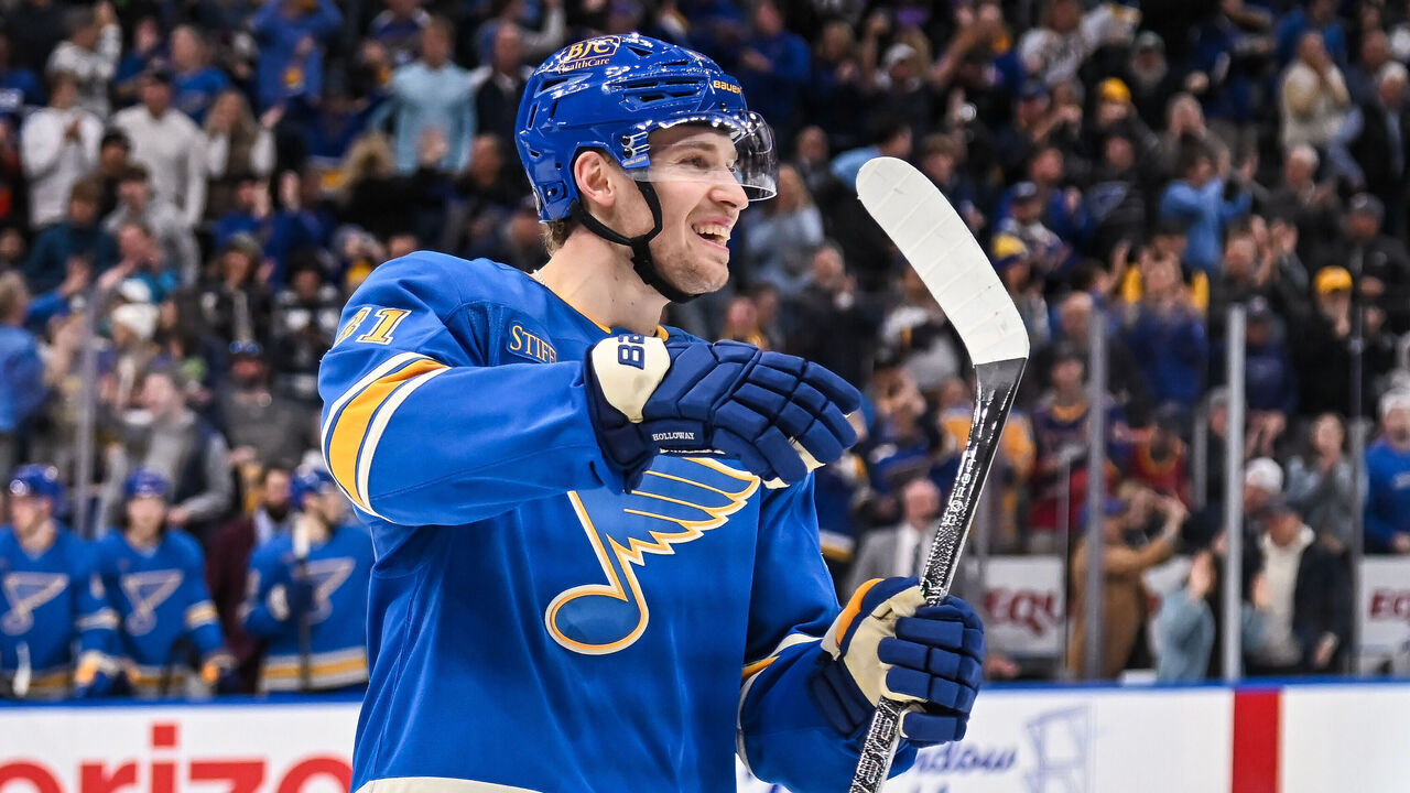 ST. LOUIS, MO - NOVEMBER 02: St. Louis Blues center Dylan Holloway (81) is all smiles as he assists on his teams third goal of the game during a regular season game where the St. Louis Blues hosted the Toronto Maple Leafs on November 02, 2024, at the Enterprise Center in St. Louis MO