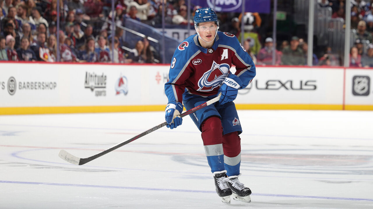 DENVER, COLORADO - OCTOBER 30: Cale Makar #8 of the Colorado Avalanche skates against the Tampa Bay Lightning at Ball Arena on October 30, 2024 in Denver, Colorado.