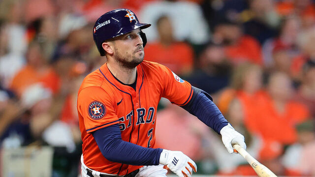 HOUSTON, TEXAS - OCTOBER 02: Alex Bregman #2 of the Houston Astros flies out against the Detroit Tigers in the fourth inning during Game Two of the Wild Card Series at Minute Maid Park on October 02, 2024 in Houston, Texas.