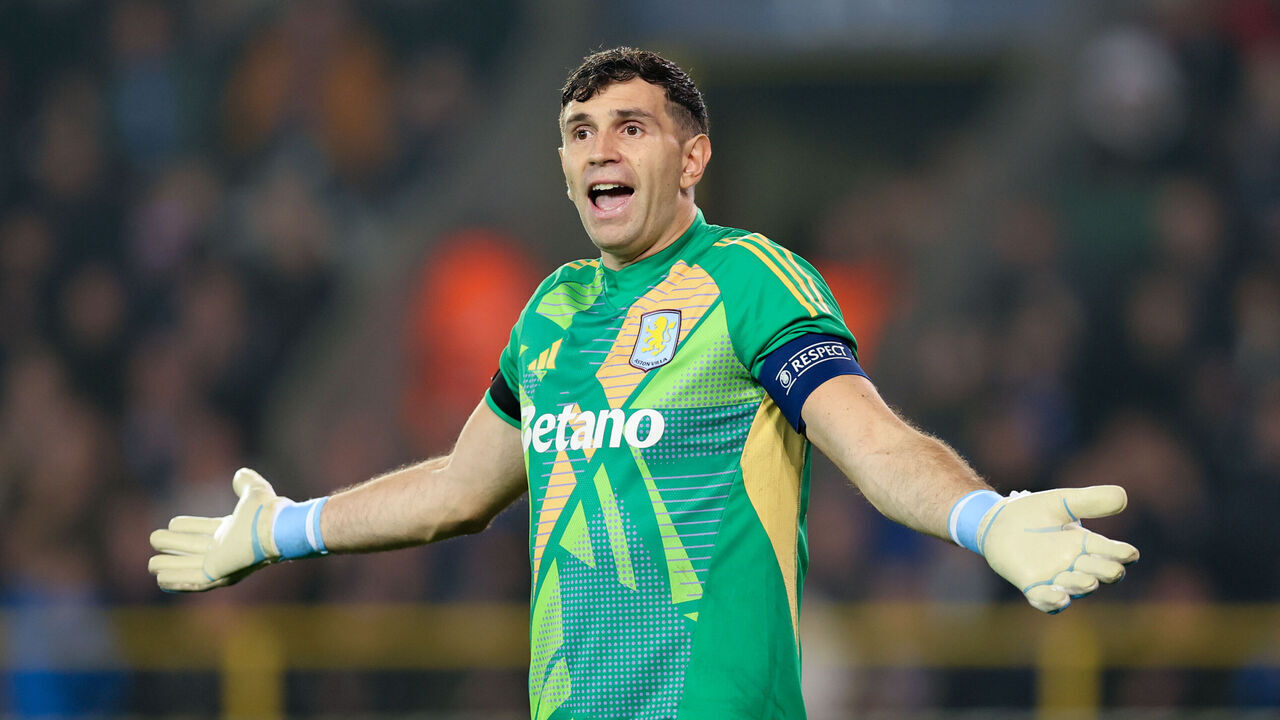 BRUGES, BELGIUM - NOVEMBER 6: Emiliano Martinez of Aston Villa reacts during the UEFA Champions League 2024/25 League Phase MD4 match between Club Brugge KV and Aston Villa FC at Jan Breydelstadion on November 6, 2024 in Bruges, Belgium.