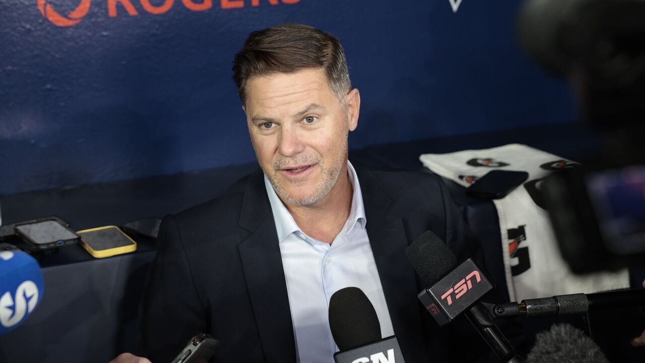 TORONTO. Ross Atkins GM of the Jays talks to media in the dugout. Toronto Blue Jays opening day against the Seattle Mariners in Toronto.(R.J.Johnston/Toronto Star) R.J. Johnston/Toronto Star (R.J. Johnston/Toronto Star via Getty Images)