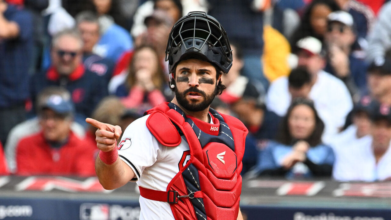 CLEVELAND, OH - OCTOBER 12: Austin Hedges #27 of the Cleveland Guardians looks on during Game 5 of the Division Series presented by Booking.com between the Detroit Tigers and the Cleveland Guardians at Progressive Field on Saturday, October 12, 2024 in Cleveland, Ohio.
