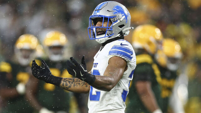 GREEN BAY, WISCONSIN - NOVEMBER 3: Brian Branch #32 of the Detroit Lions reacts after getting ejected for a late hit during an NFL football game against the Green Bay Packers at Lambeau Field on November 3, 2024 in Green Bay, WI.