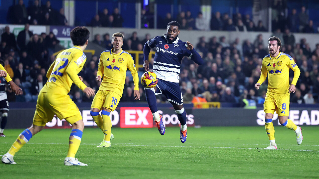 LONDON, ENGLAND - NOVEMBER 06: Japhet Tanganga of Millwall scores his team's first goal during the Sky Bet Championship match between Millwall FC and Leeds United FC at The Den on November 06, 2024 in London, England.