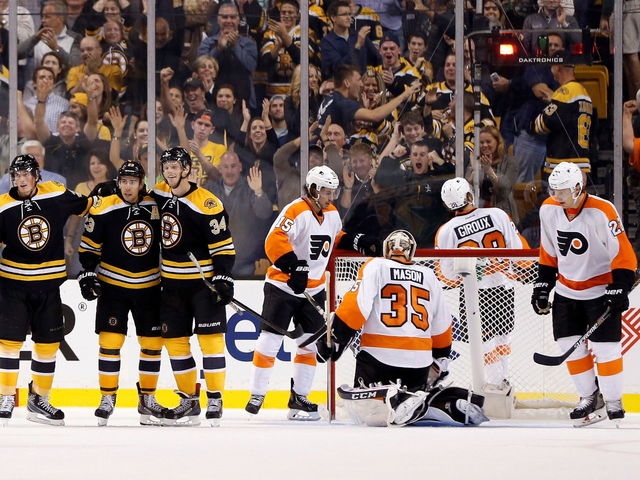 VIDEO: Puck deflects off Steve Mason's head, rewards Bruins with late goal