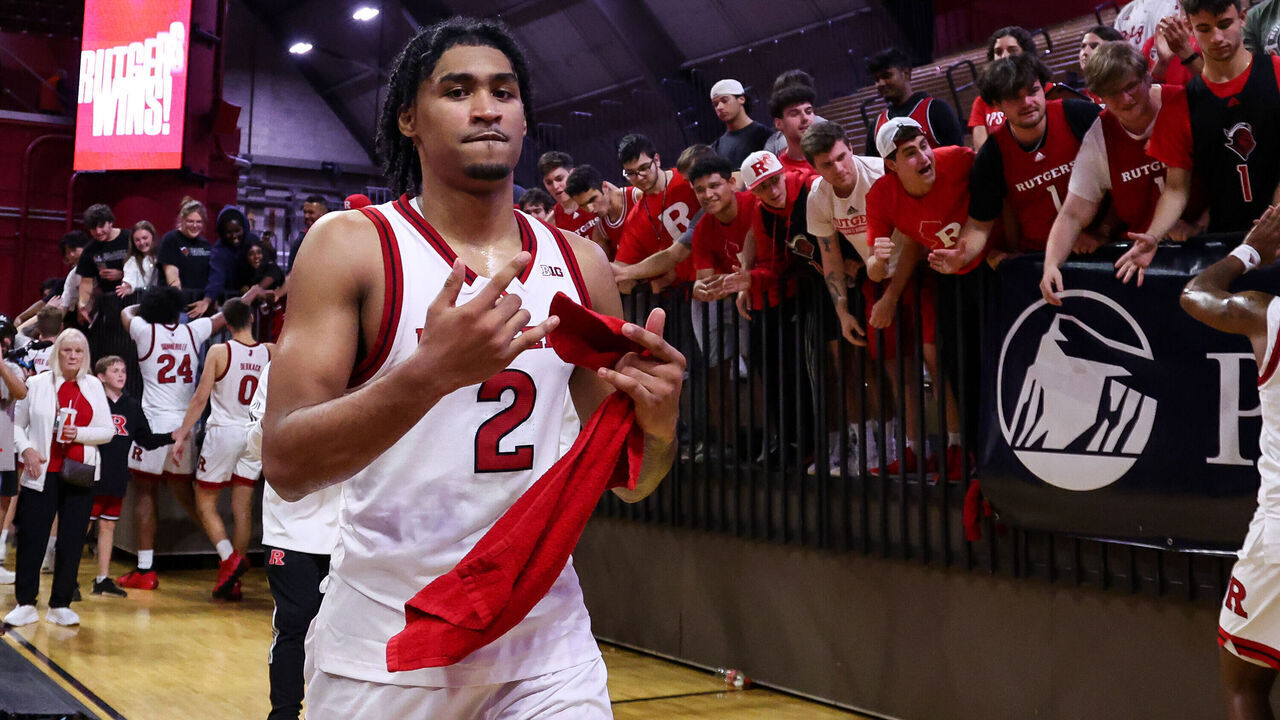 PISCATAWAY, NEW JERSEY - NOVEMBER 6: Dylan Harper #2 of the Rutgers Scarlet Knights celebrates after their win over the Wagner Seahawks at Jersey Mike's Arena on November 6, 2024 in Piscataway, New Jersey.