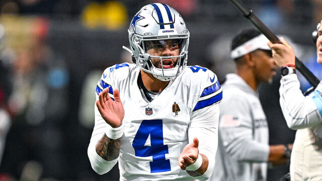 ATLANTA, GA NOVEMBER 03: Dallas quarterback Dak Prescott (4) warms up prior to the start of the NFL game between the Dallas Cowboys and the Atlanta Falcons on November 3rd, 2024 at Mercedes-Benz Stadium in Atlanta, GA.