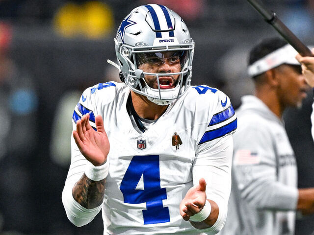 ATLANTA, GA NOVEMBER 03: Dallas quarterback Dak Prescott (4) warms up prior to the start of the NFL game between the Dallas Cowboys and the Atlanta Falcons on November 3rd, 2024 at Mercedes-Benz Stadium in Atlanta, GA.