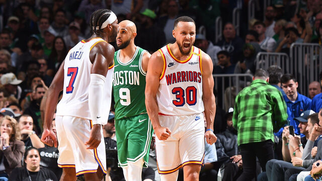 BOSTON, MA - NOVEMBER 6: Stephen Curry #30 of the Golden State Warriors celebrates during the game against the Boston Celtics on November 6, 2024 at TD Garden in Boston, Massachusetts. NOTE TO USER: User expressly acknowledges and agrees that, by downloading and/or using this Photograph, user is consenting to the terms and conditions of the Getty Images License Agreement. Mandatory Copyright Notice: Copyright 2024 NBAE
