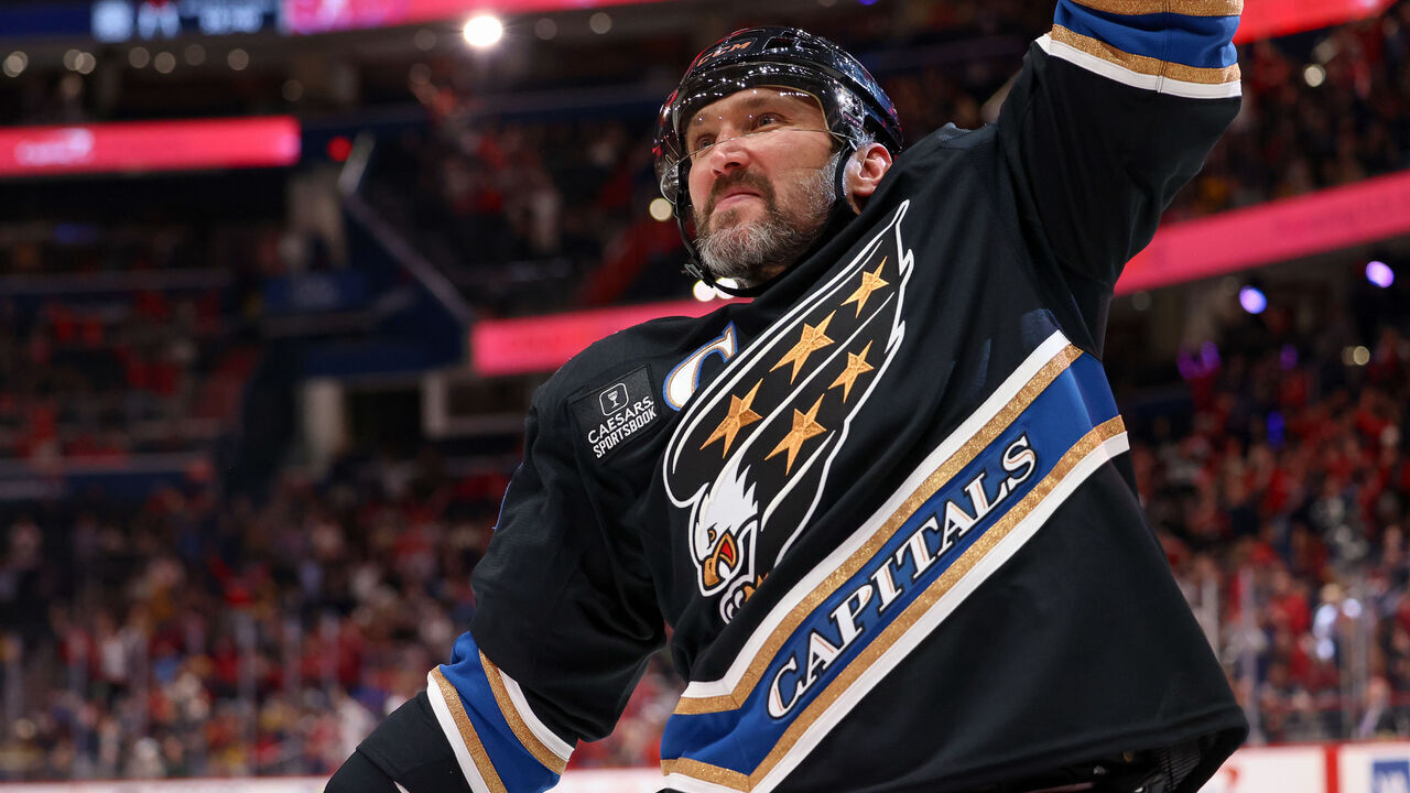 WASHINGTON, DC - NOVEMBER 6: Alex Ovechkin #8 of the Washington Capitals celebrates a goal in the third period against the Nashville Predators at Capital One Arena on November 6, 2024 in Washington, D.C.
