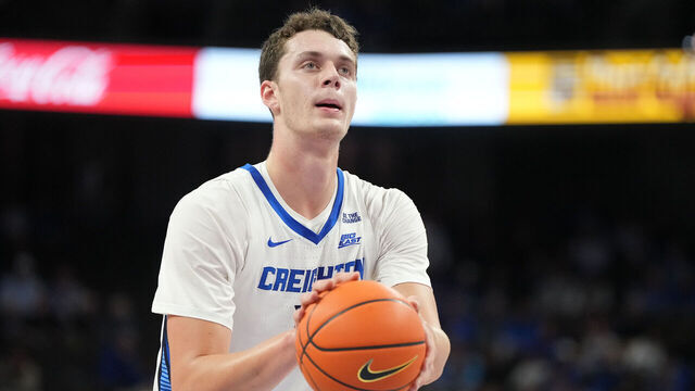 OMAHA, NE- NOVEMBER 06: Ryan Kalkbrenner #11 of the Creighton Bluejays takes a foul shot in the first half during a college basketball game against the UTRGV Vaqueros at CHI Health Center on November 06, 2024 in Omaha, Nebraska.