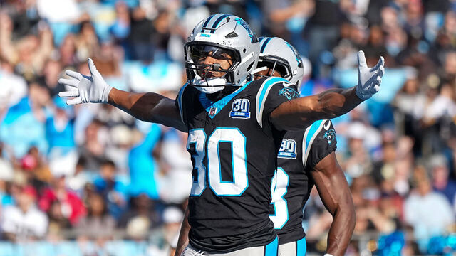 CHARLOTTE, NORTH CAROLINA - NOVEMBER 03: Chuba Hubbard #30 of the Carolina Panthers celebrates a touchdown during the third quarter against the New Orleans Saints at Bank of America Stadium on November 03, 2024 in Charlotte, North Carolina.