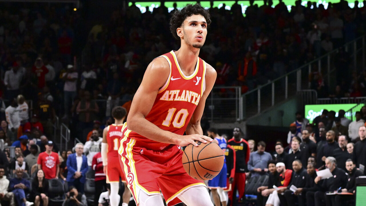 ATLANTA, GA - November 6: Zaccharie Risacher #10 of the Atlanta Hawks shoots a free throw during the game against the New York Knicks on November 6, 2024 at State Farm Arena in Atlanta, Georgia. NOTE TO USER: User expressly acknowledges and agrees that, by downloading and/or using this Photograph, user is consenting to the terms and conditions of the Getty Images License Agreement. Mandatory Copyright Notice: Copyright 2024 NBAE
