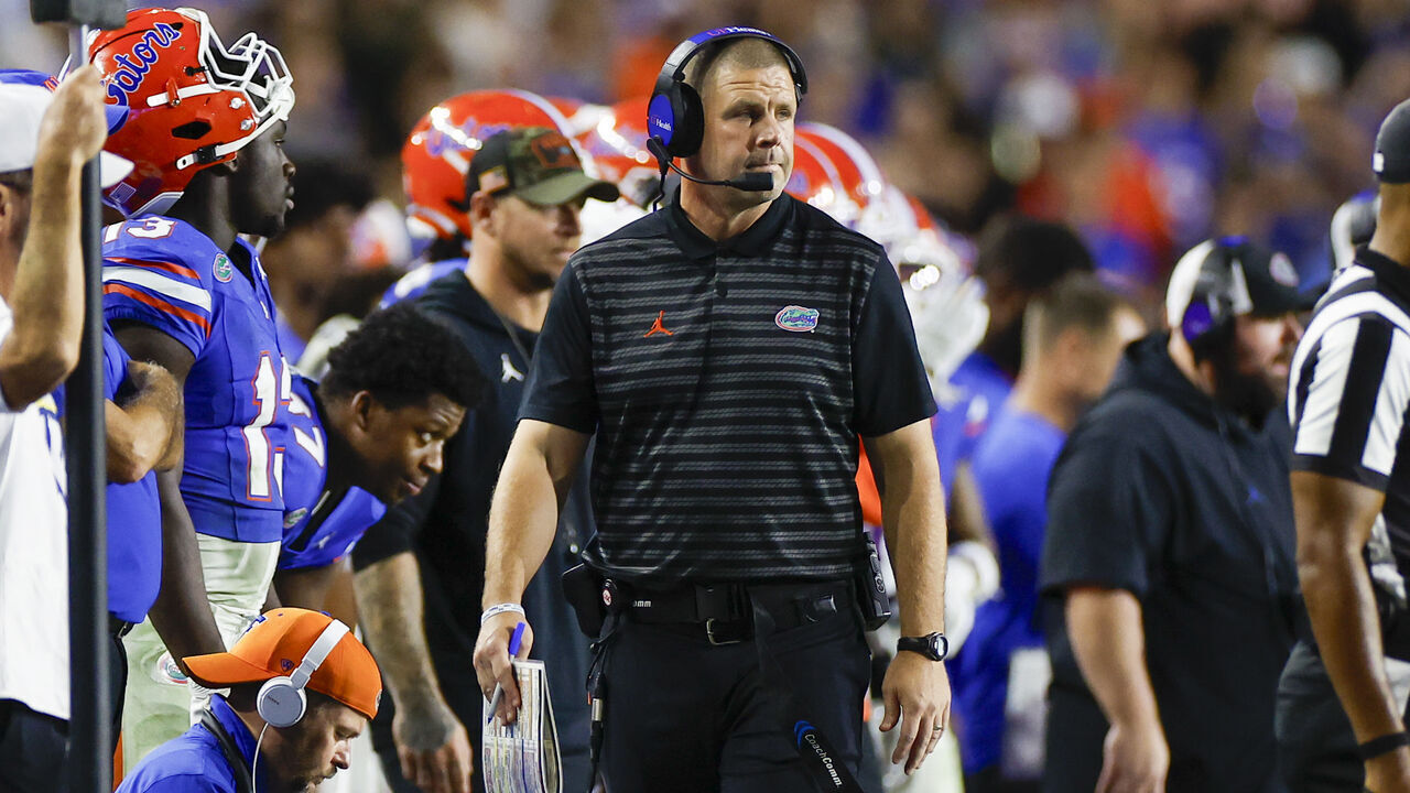 GAINESVILLE, FL - OCTOBER 05: Florida Gators head coach Billy Napier looks on during the game between the Florida Gators and the UCF Knights on October 5, 2024 at Ben Hill Griffin Stadium at Florida Field in Gainesville, Fl.