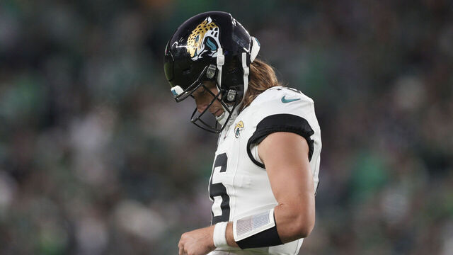 PHILADELPHIA, PA - NOVEMBER 03: Jacksonville Jaguars quarterback Trevor Lawrence (16) looks on during the game between the Philadelphia Eagles and the Jacksonville Jaguars on November 3, 2024 at Lincoln Financial Field in Philadelphia, PA.