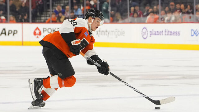PHILADELPHIA, PA - OCTOBER 27: Philadelphia Flyers Right Wing Matvei Michkov (39) skates with the puck during the third period of the National Hockey League game between the Montreal Canadiens and the Philadelphia Flyers on October 27, 2024, at the Wells Fargo Center in Philadelphia, PA.