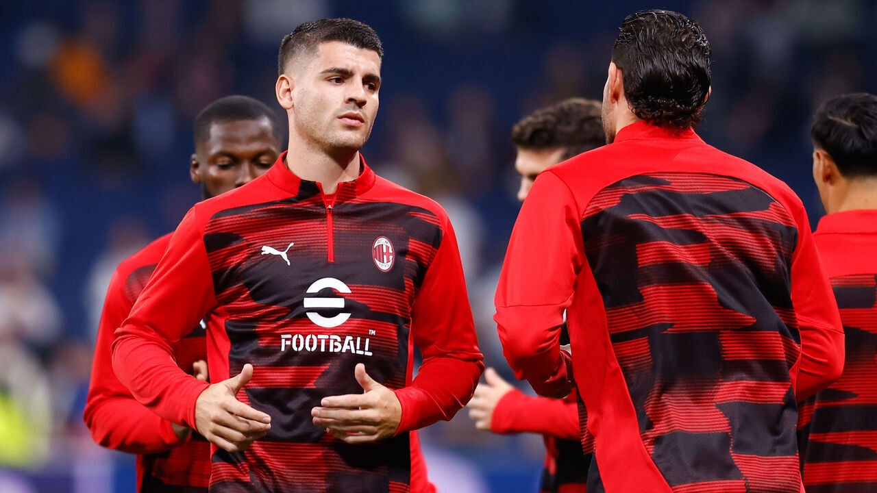 MADRID, SPAIN - NOVEMBER 05: Alvaro Morata of AC Milan warms up prior to the UEFA Champions League 2024/25 League Phase MD4 match between Real Madrid CF and AC Milan at Estadio Santiago Bernabeu on November 5, 2024, in Madrid, Spain.