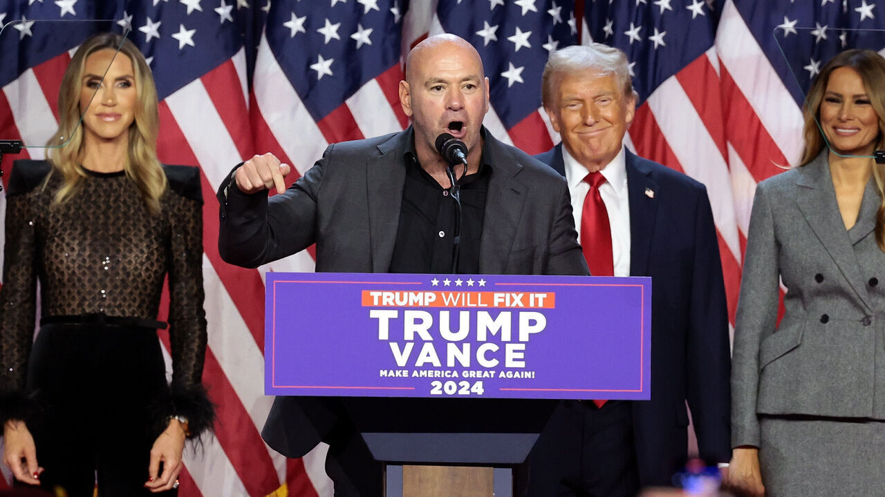 WEST PALM BEACH, FLORIDA - NOVEMBER 06: CEO of the Ultimate Fighting Championship Dana White speaks during an election night event for Republican presidential nominee, former U.S. President Donald Trump at the Palm Beach Convention Center on November 06, 2024 in West Palm Beach, Florida. Americans cast their ballots today in the presidential race between Republican nominee former President Donald Trump and Vice President Kamala Harris, as well as multiple state elections that will determine the balance of power in Congress.