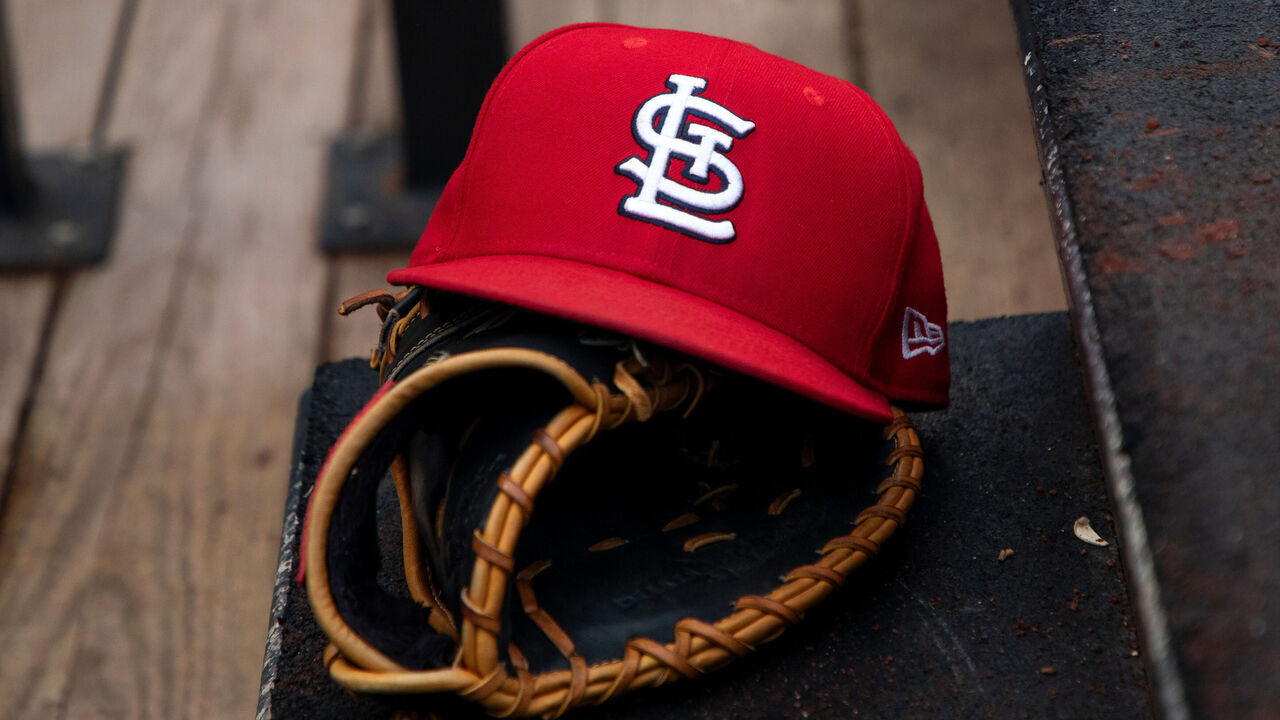 ST. LOUIS, MO - JULY 17: A detail view of the St. Louis Cardinals logo on a hat in the dugout prior to the start of the game against the Miami Marlins at Busch Stadium on July 17, 2023 in St. Louis, Missouri.
