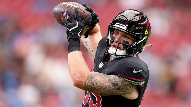 GLENDALE, ARIZONA - SEPTEMBER 22: Trey McBride #85 of the Arizona Cardinals warms up prior to the game against the Detroit Lions at State Farm Stadium on September 22, 2024 in Glendale, Arizona.