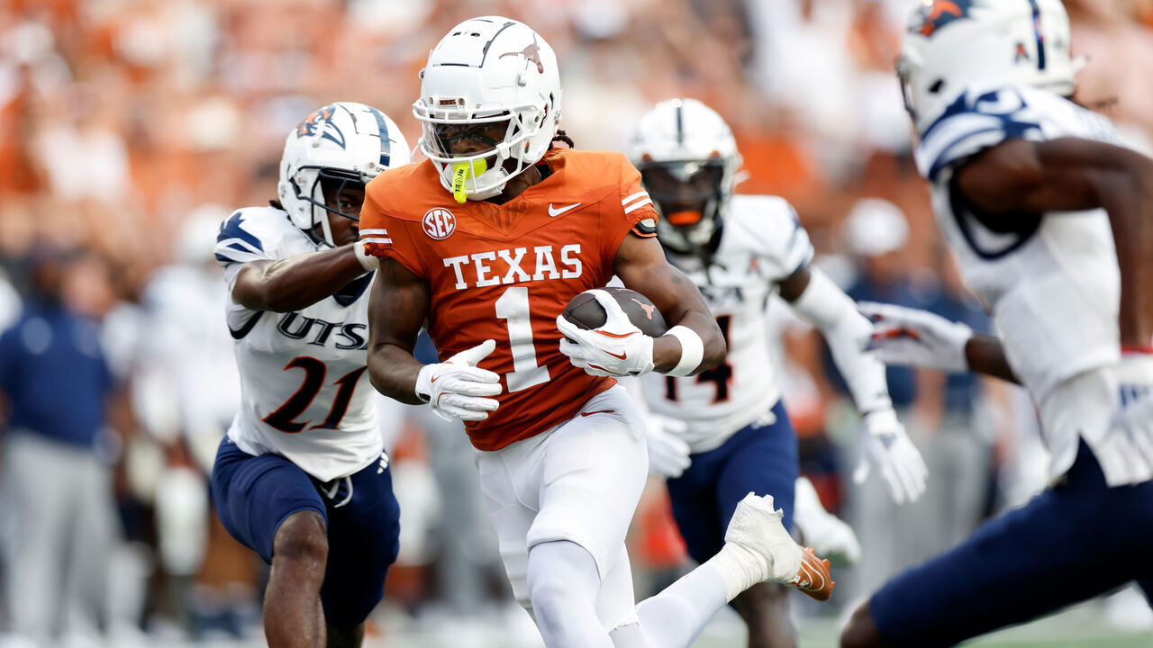 AUSTIN, TEXAS - SEPTEMBER 14: Johntay Cook II #1 of the Texas Longhorns scores a touchdown in the first half against the UTSA Roadrunners at Darrell K Royal-Texas Memorial Stadium on September 14, 2024 in Austin, Texas.