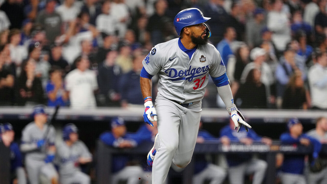NEW YORK, NY - OCTOBER 30: Teoscar Hernández #37 of the Los Angeles Dodgers hits a two-run double in the fifth inning during Game 5 of the 2024 World Series presented by Capital One between the Los Angeles Dodgers and the New York Yankees at Yankee Stadium on Wednesday, October 30, 2024 in New York, New York.