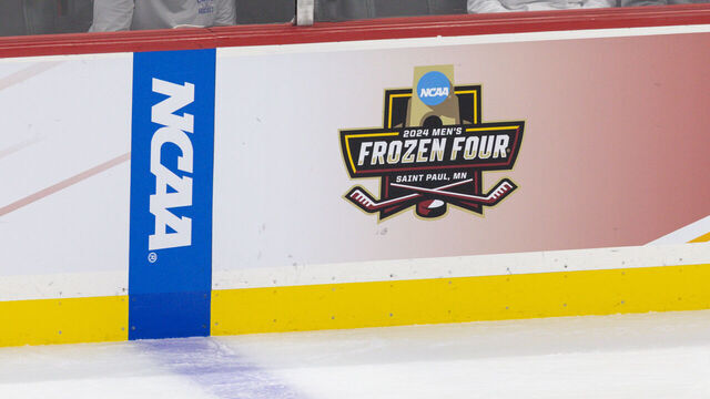 ST. PAUL, MN - APRIL 13: A general view of the Frozen Four logo during the men's Frozen Four championship game between the Boston College Eagles and the Denver Pioneers on April 13th, 2024, in St. Paul, Minnesota.