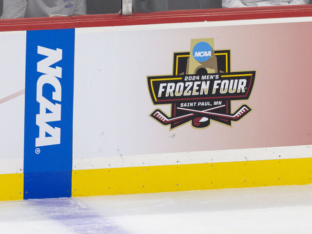 ST. PAUL, MN - APRIL 13: A general view of the Frozen Four logo during the men's Frozen Four championship game between the Boston College Eagles and the Denver Pioneers on April 13th, 2024, in St. Paul, Minnesota.