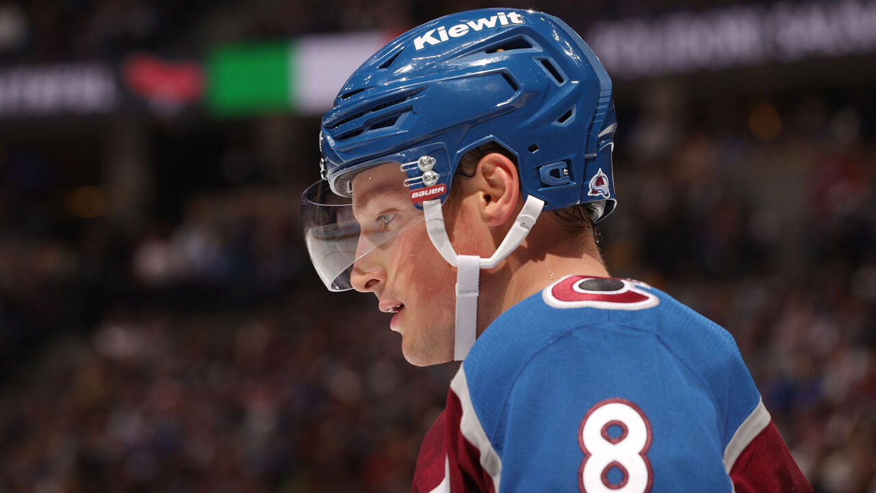 DENVER, COLORADO - OCTOBER 12: Cale Makar #8 of the Colorado Avalanche looks on during a break in the action against the Columbus Blue Jackets at Ball Arena on October 12, 2024 in Denver, Colorado.