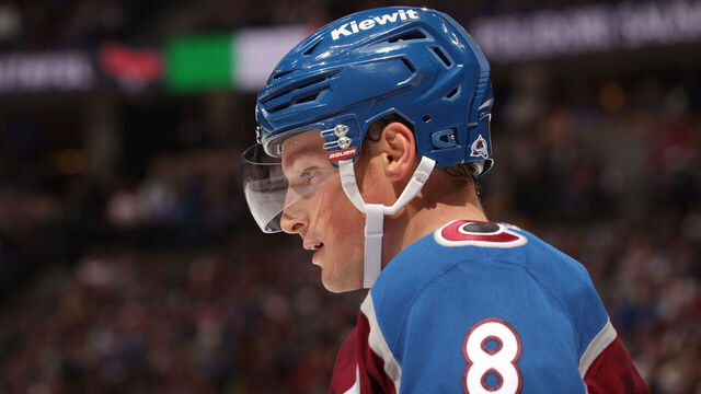 DENVER, COLORADO - OCTOBER 12: Cale Makar #8 of the Colorado Avalanche looks on during a break in the action against the Columbus Blue Jackets at Ball Arena on October 12, 2024 in Denver, Colorado.