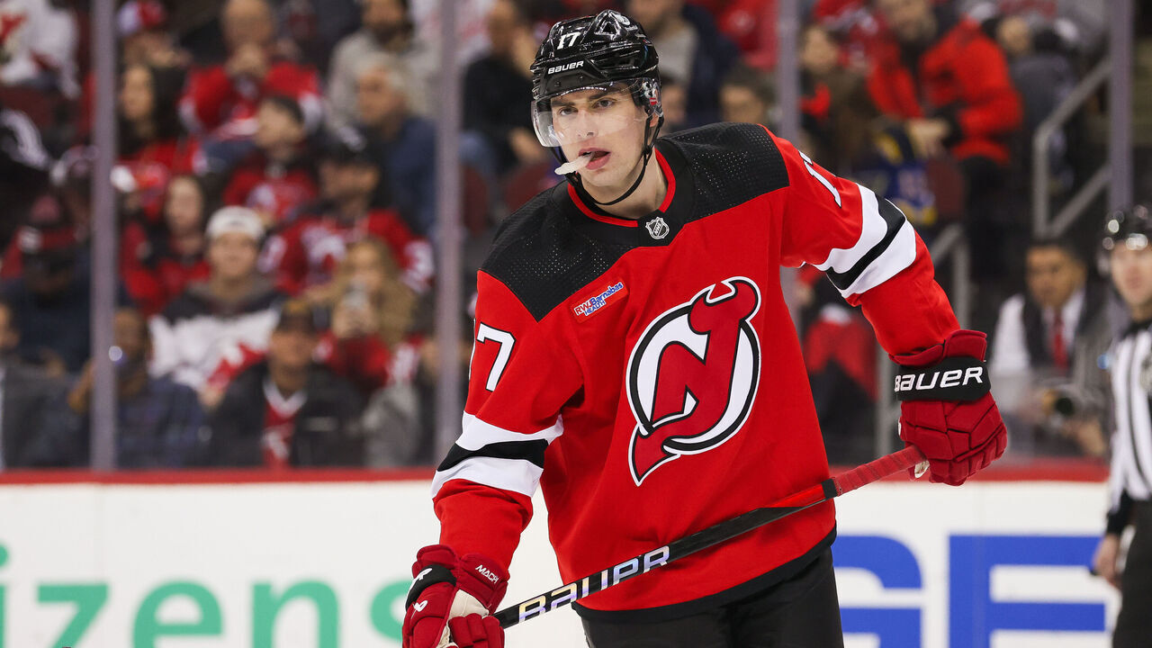 NEWARK, NJ - MARCH 07: New Jersey Devils defenseman Simon Nemec (17) looks on during a game between the St. Louis Blues and New Jersey Devils on March 7, 2024 at Prudential Center in the Newark, New Jersey.