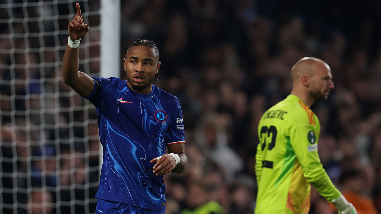 LONDON, ENGLAND - NOVEMBER 07: Christopher Nkunku of Chelsea celebrates after scoring his side's eighth goal during the UEFA Conference League 2024/25 League Phase MD3 match between Chelsea FC and FC Noah at Stamford Bridge on November 07, 2024 in London, England.
