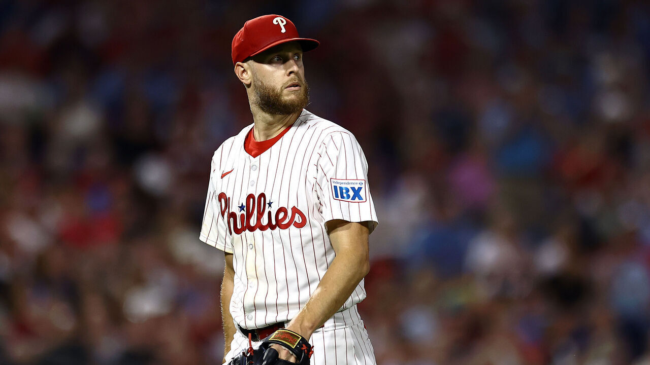 PHILADELPHIA, PENNSYLVANIA - SEPTEMBER 11: Zack Wheeler #45 of the Philadelphia Phillies looks on during the fifth inning against the Tampa Bay Rays at Citizens Bank Park on September 11, 2024 in Philadelphia, Pennsylvania.