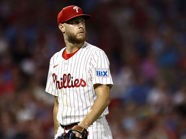 PHILADELPHIA, PENNSYLVANIA - SEPTEMBER 11: Zack Wheeler #45 of the Philadelphia Phillies looks on during the fifth inning against the Tampa Bay Rays at Citizens Bank Park on September 11, 2024 in Philadelphia, Pennsylvania.