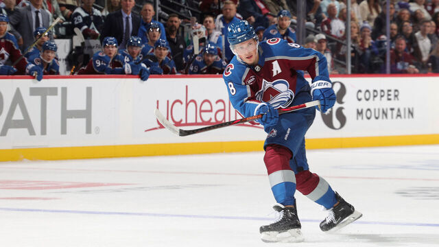 DENVER, COLORADO - OCTOBER 30: Cale Makar #8 of the Colorado Avalanche skates against the Tampa Bay Lightning at Ball Arena on October 30, 2024 in Denver, Colorado.