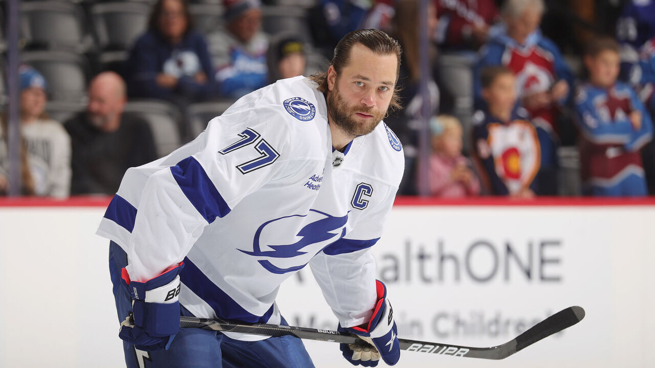 DENVER, COLORADO - OCTOBER 30: Victor Hedman #77 of the Tampa Bay Lightning skates prior to the game against the Colorado Avalanche at Ball Arena on October 30, 2024 in Denver, Colorado.