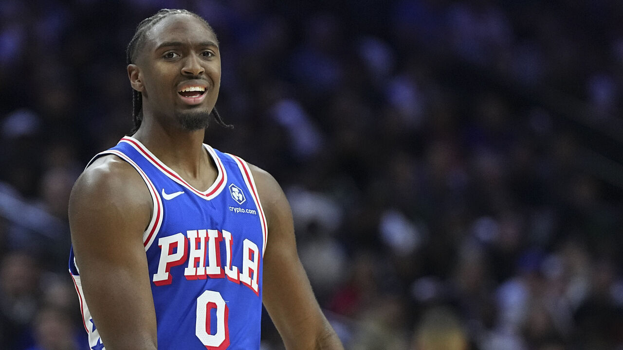PHILADELPHIA, PENNSYLVANIA - OCTOBER 23: Tyrese Maxey #0 of the Philadelphia 76ers reacts against the Milwaukee Bucks in the second half at the Wells Fargo Center on October 23, 2024 in Philadelphia, Pennsylvania. The Bucks defeated the 76ers 124-109. NOTE TO USER: User expressly acknowledges and agrees that, by downloading and/or using this photograph, user is consenting to the terms and conditions of the Getty Images License Agreement.