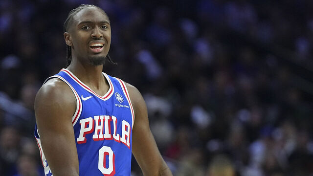 PHILADELPHIA, PENNSYLVANIA - OCTOBER 23: Tyrese Maxey #0 of the Philadelphia 76ers reacts against the Milwaukee Bucks in the second half at the Wells Fargo Center on October 23, 2024 in Philadelphia, Pennsylvania. The Bucks defeated the 76ers 124-109. NOTE TO USER: User expressly acknowledges and agrees that, by downloading and/or using this photograph, user is consenting to the terms and conditions of the Getty Images License Agreement.