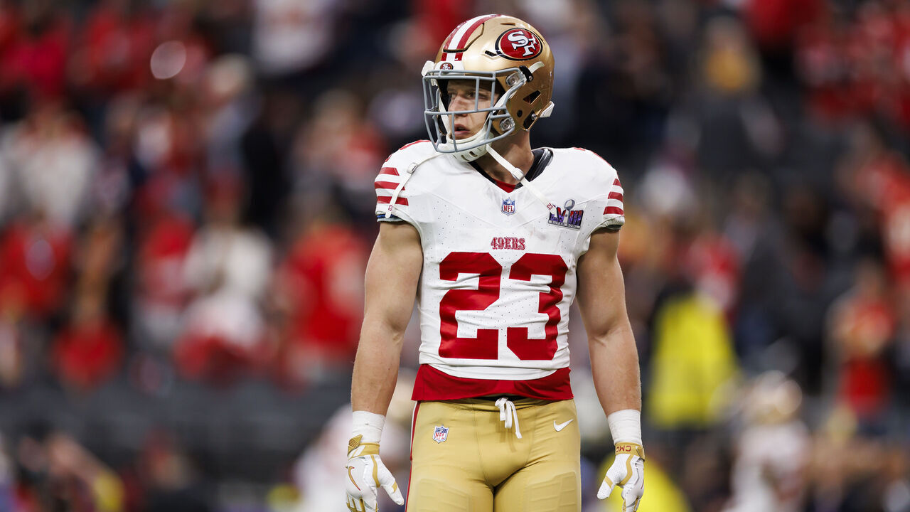 LAS VEGAS, NEVADA - FEBRUARY 11: Christian McCaffrey #23 of the San Francisco 49ers looks on during pregame warmups before Super Bowl LVIII against the Kansas City Chiefs at Allegiant Stadium on February 11, 2024 in Las Vegas, Nevada.