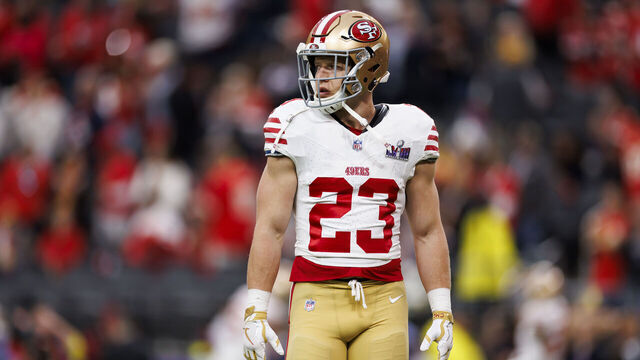 LAS VEGAS, NEVADA - FEBRUARY 11: Christian McCaffrey #23 of the San Francisco 49ers looks on during pregame warmups before Super Bowl LVIII against the Kansas City Chiefs at Allegiant Stadium on February 11, 2024 in Las Vegas, Nevada.