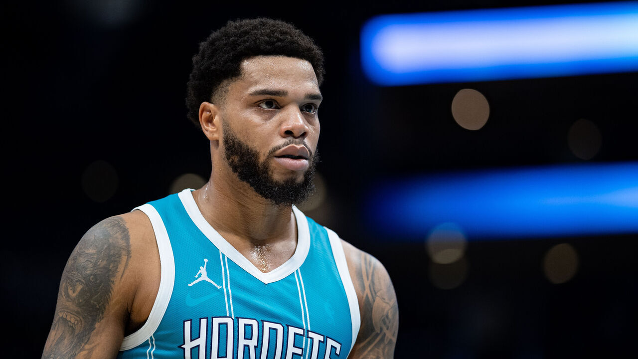 CHARLOTTE, NORTH CAROLINA - NOVEMBER 01: Miles Bridges #0 of the Charlotte Hornets looks on during their game against the Boston Celtics at Spectrum Center on November 01, 2024 in Charlotte, North Carolina.