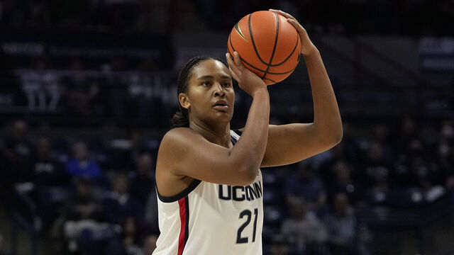 STORRS, CONNECTICUT - NOVEMBER 3: Sarah Strong #21 of the Connecticut Huskies takes the shot against the Fort Hays State Tigers during the first half of an NCAA women's basketball exhibition game at the Harry A. Gampel Pavilion on November 3, 2024 in Storrs, Connecticut. The Huskies defeated the Tigers 89-49.
