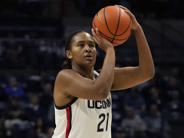 STORRS, CONNECTICUT - NOVEMBER 3: Sarah Strong #21 of the Connecticut Huskies takes the shot against the Fort Hays State Tigers during the first half of an NCAA women's basketball exhibition game at the Harry A. Gampel Pavilion on November 3, 2024 in Storrs, Connecticut. The Huskies defeated the Tigers 89-49.