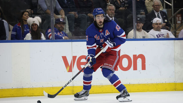 NEW YORK, NEW YORK - NOVEMBER 07: Mika Zibanejad #93 of the New York Rangers skates against the Buffalo Sabres during their game at Madison Square Garden on November 07, 2024 in New York City.