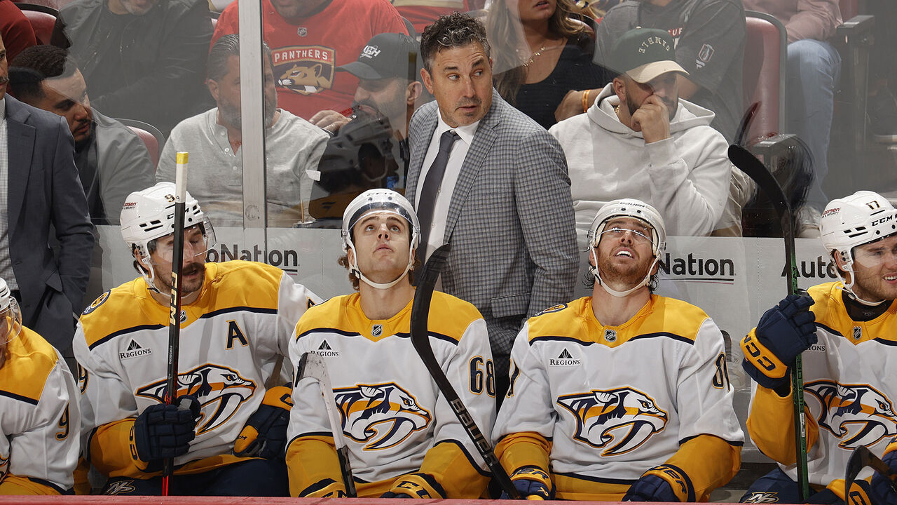 SUNRISE, FL - NOVEMBER 7: Head coach Andrew Brunette of the Nashville Predators looks on during the second period against the Florida Panthers at the Amerant Bank Arena on November 7, 2024 in Sunrise, Florida.