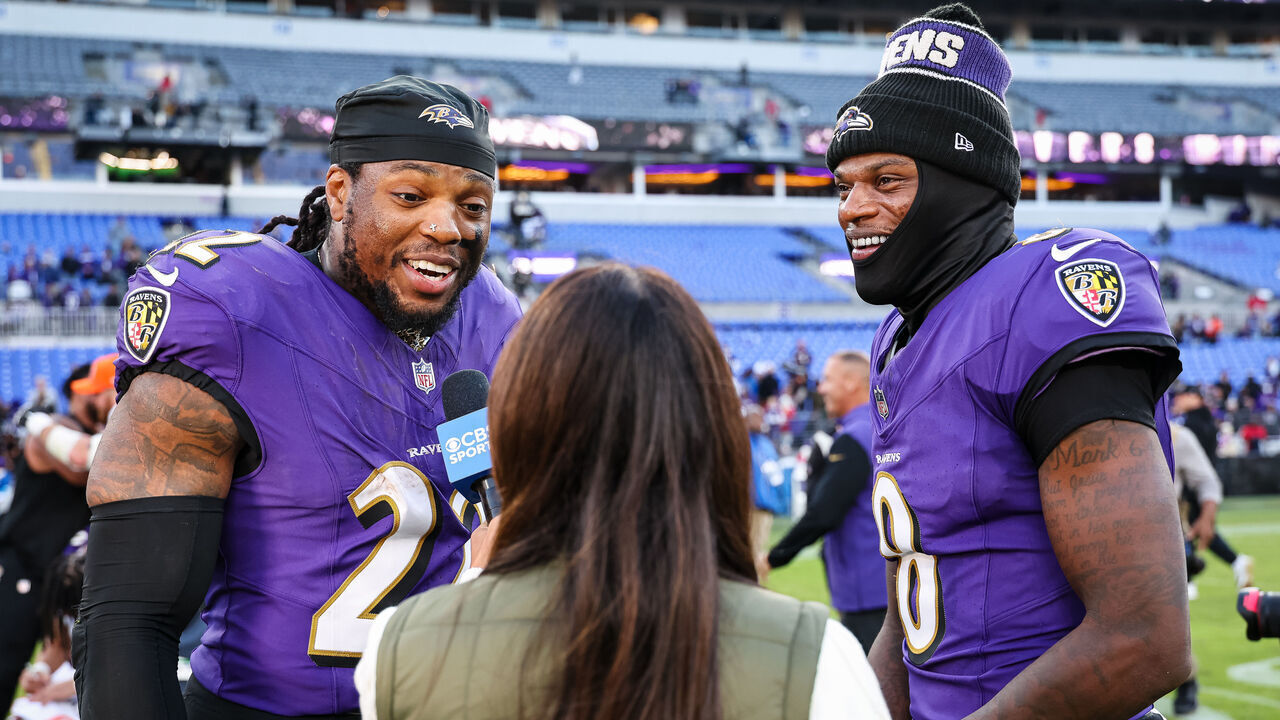 BALTIMORE, MD - NOVEMBER 03: Derrick Henry #22 and Lamar Jackson #8 of the Baltimore Ravens are interviewed on the field after the game against the Denver Broncos at M&T Bank Stadium on November 3, 2024 in Baltimore, Maryland.