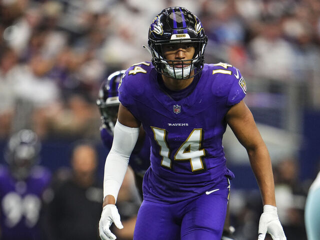 ARLINGTON, TX - SEPTEMBER 22: Kyle Hamilton #14 of the Baltimore Ravens lines up before the snap during an NFL football game against the Dallas Cowboys at AT&T Stadium on September 22, 2024 in Arlington, Texas.
