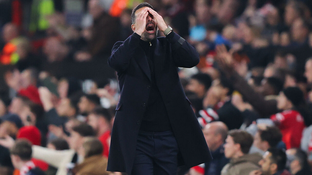 MANCHESTER, ENGLAND - NOVEMBER 07: Ruud van Nistelrooy, interim manager of Manchester United, reacts after a missed chance during the UEFA Europa League 2024/25 League Phase MD4 match between Manchester United and PAOK FC at Old Trafford on November 07, 2024 in Manchester, England.